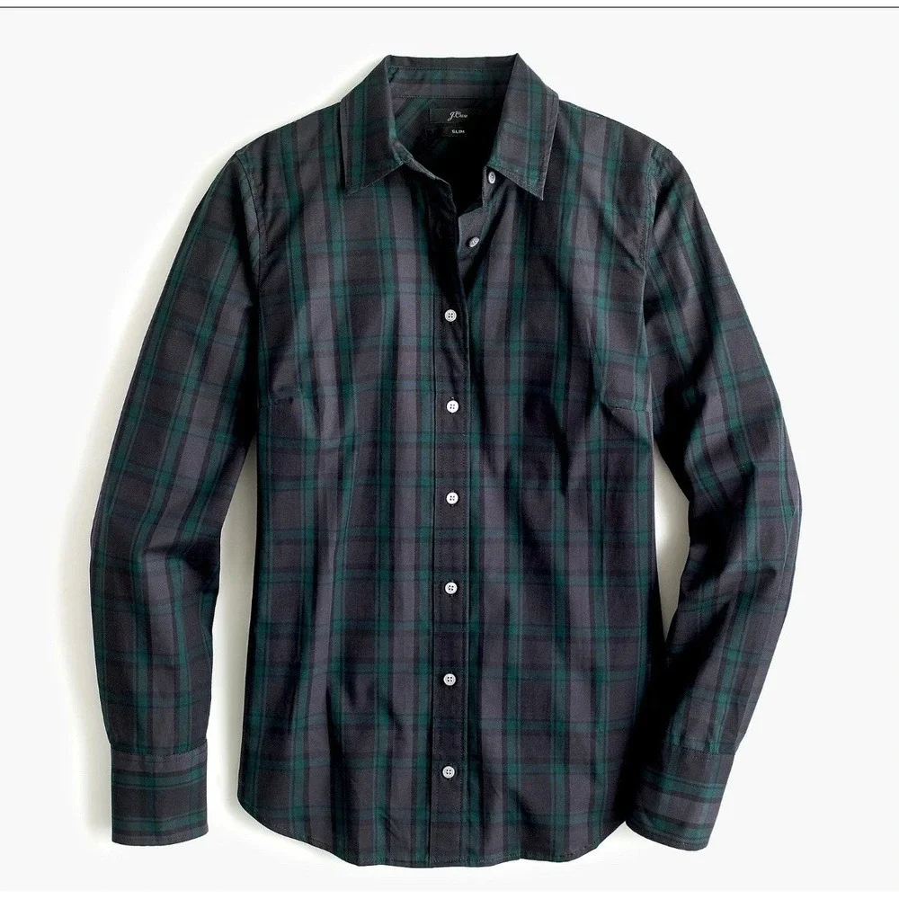J Crew Black Watch Tartan Slim Stretch Shirt size 12 Midnight Emerald K3729